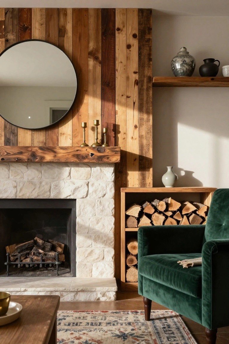 Living room fireplace with white stone surround and dark wood plank wall cladding on one side, round black-framed mirror above mantel, wooden firewood storage cabinet next to green velvet armchair, and wood coffee table on Persian rug.