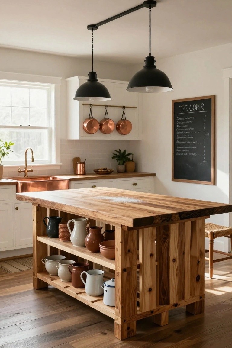 White kitchen featuring a large rectangular wooden island with open lower shelves holding pottery and pitchers, a copper farmhouse sink, hanging copper pots on the wall, and black pendant lights overhead.