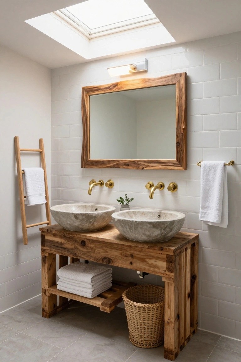 A bathroom with a rustic wooden vanity base supporting two gray stone vessel sinks, gold faucets, a wooden ladder towel rack, woven basket, wooden-framed mirror, and white subway tile walls under a skylight.