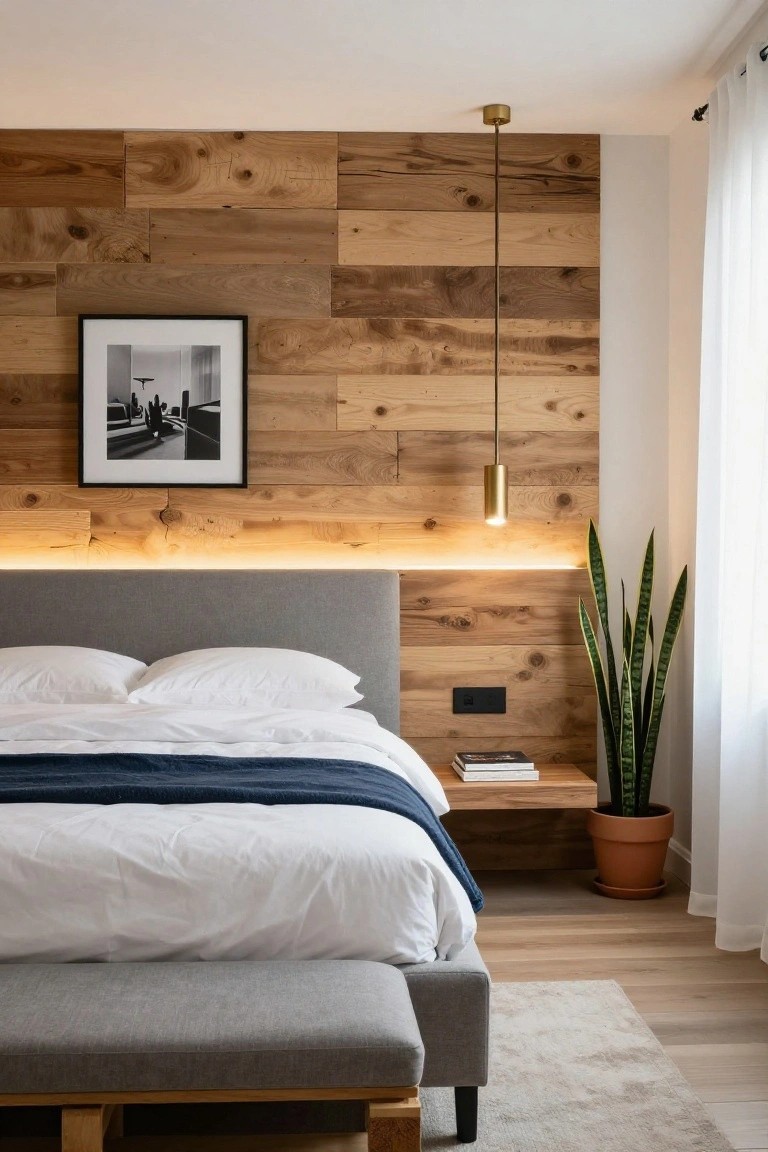 Bedroom featuring a gray upholstered bed against a light brown horizontal wood plank accent wall with integrated LED lighting strip at the top, gold pendant lamp hanging above, black-framed black-and-white photo, floating wooden shelf with books, tall snake plant in terracotta pot on shelf, power outlet, white bedding with navy throw, gray bench at bed foot, light wood floors, and sheer white curtains on window.
