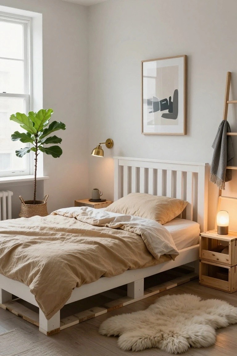 A cozy bedroom with a white slatted bed frame on wooden pallet base, beige linen bedding partially turned down, fiddle leaf fig plant in a basket, gold wall lamp, bedside wooden crate tables with lamps, and sheepskin rug on wood floor.
