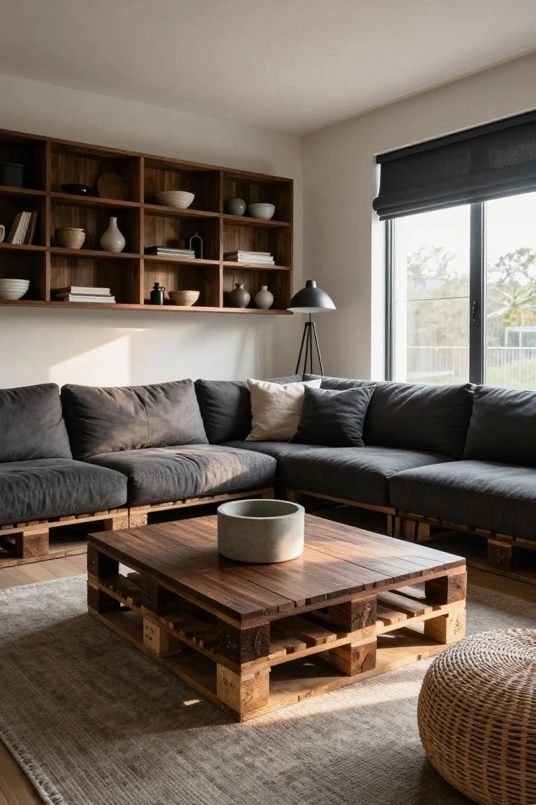 Modern living room featuring a gray L-shaped sofa on pallet frames, a square coffee table made from wooden pallets with a wood top and concrete planter, wooden wall shelves with ceramics and books, a tripod floor lamp, and a rattan pouf on a light gray rug.
