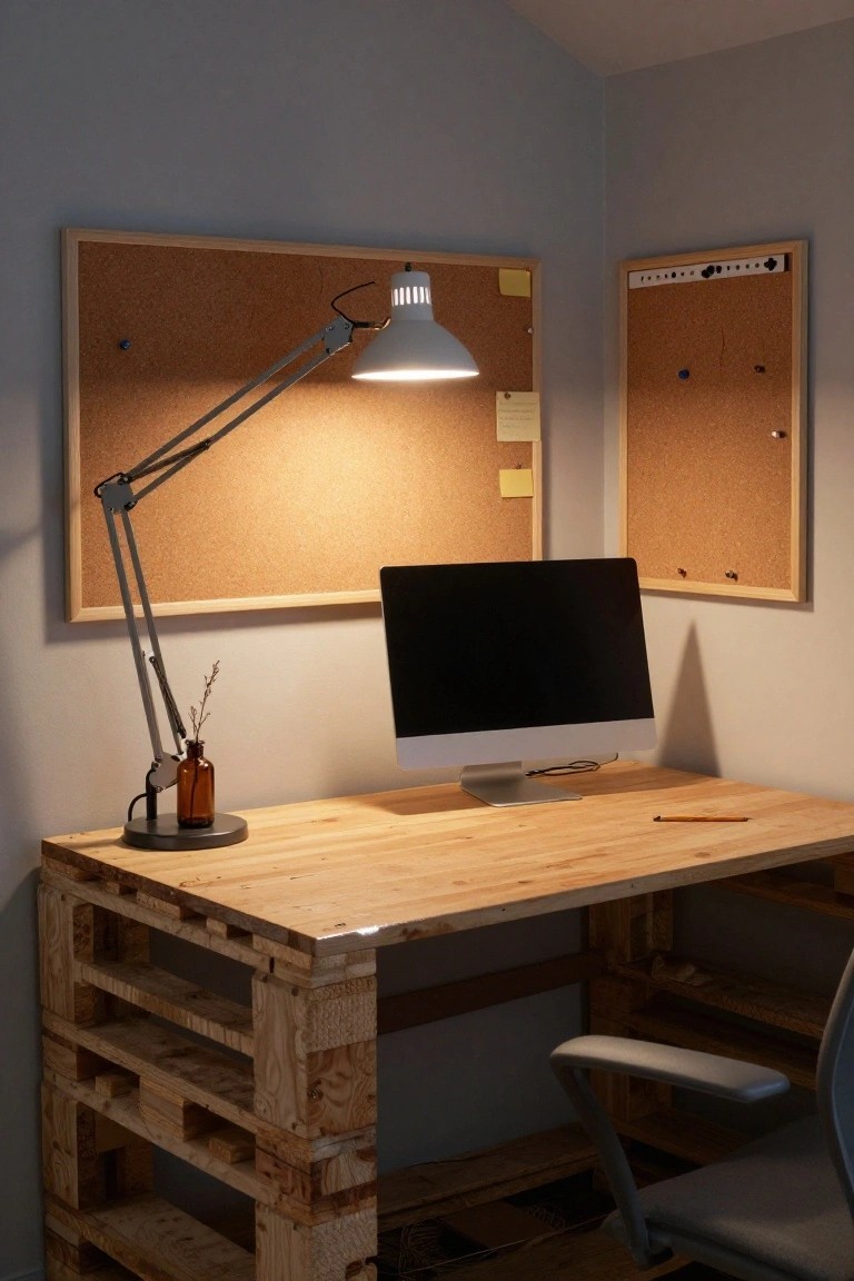A home office corner with a desk made from stacked wooden pallets topped by light wood, an iMac monitor, adjustable desk lamp, small vase, pencil, and two corkboards on the walls.