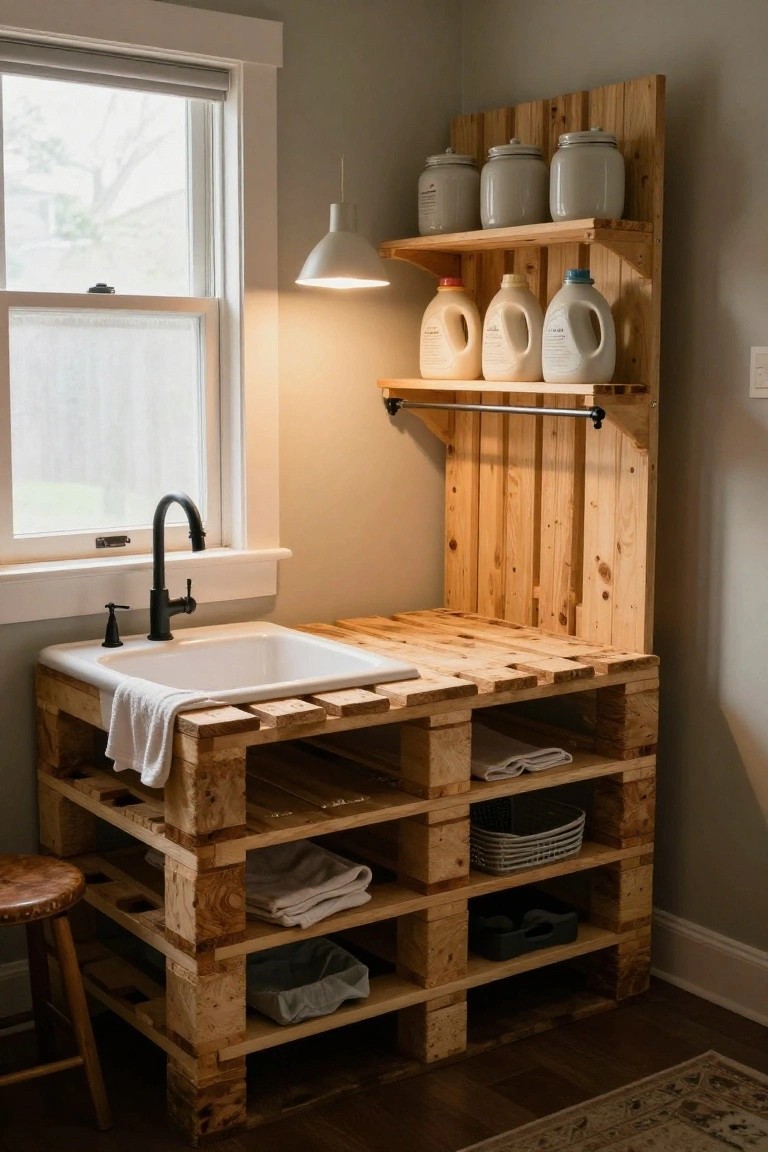 Wooden pallet structure supporting a white sink with black faucet in a gray-walled room, featuring open shelves with white jars, plastic jugs, towels, and baskets.