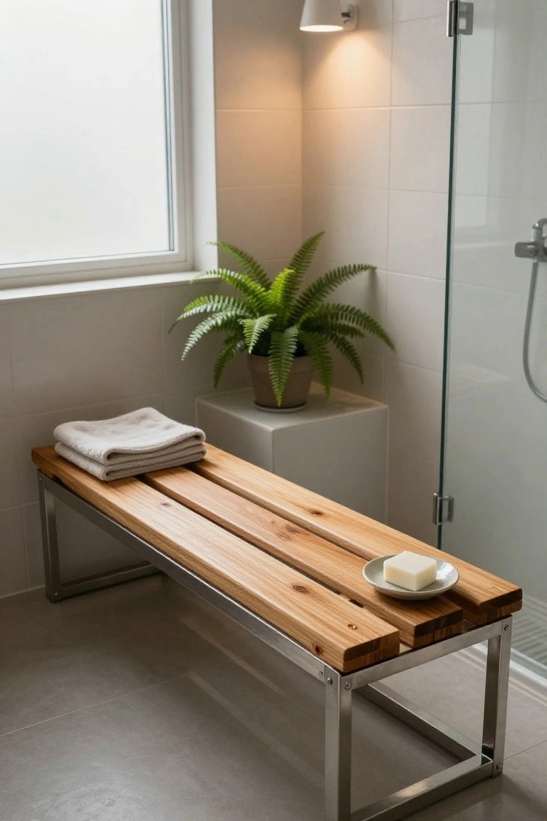 Modern white bathroom with stainless steel-framed wooden slat bench next to glass shower enclosure, folded gray towels and soap dish on bench, potted fern plant, and wall-mounted light.