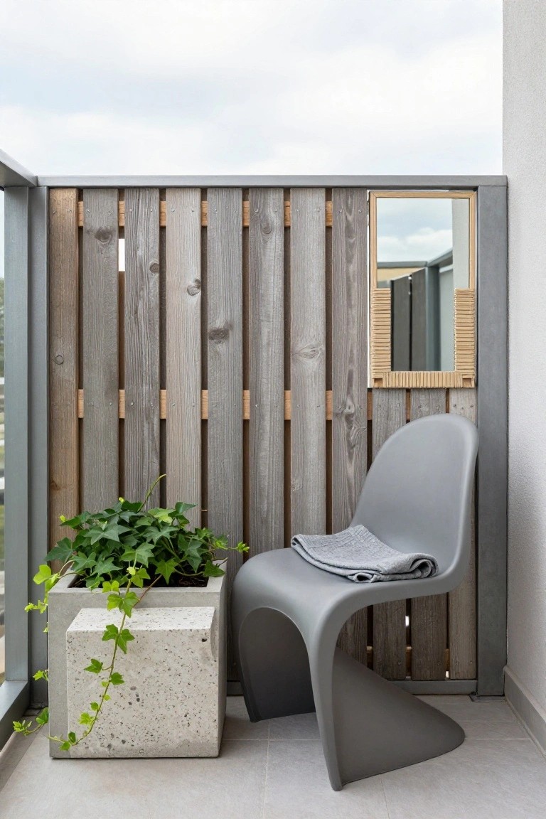Balcony railing with vertical gray wooden slats, small framed mirror mounted on railing, gray curved plastic chair draped with gray towel, ivy plant in square concrete pot, and light gray tiled floor.