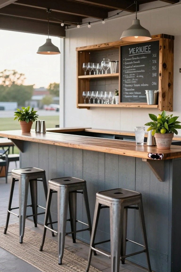 Outdoor rustic wooden bar counter with gray shiplap backing, four metal stools, potted plants, glassware, shakers, a chalkboard menu board labeled