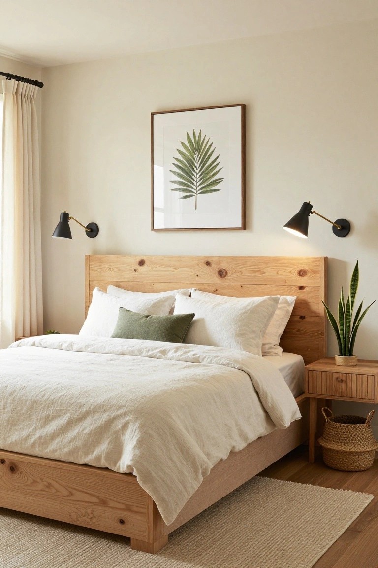 Bedroom interior with a low wooden platform bed made from natural pine boards, white textured bedding, green throw pillows, a snake plant on a wooden nightstand with seagrass basket, beige walls, a large framed leaf print, black wall sconces, and sheer curtains on a window.
