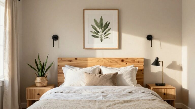20 Unique Pallet Craft Ideas for Beginners You’ll Want to Try Bedroom interior with a low wooden platform bed made from natural pine boards, white textured bedding, green throw pillows, a snake plant on a wooden nightstand with seagrass basket, beige walls, a large framed leaf print, black wall sconces, and sheer curtains on a window.