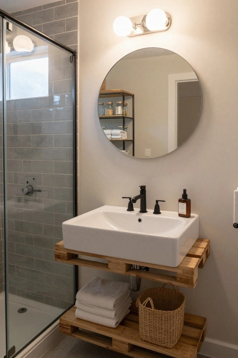 A bathroom with gray subway tile shower enclosure, white sink on wooden pallet shelf with black faucet, round mirror on beige wall, towels stacked and basket stored underneath.