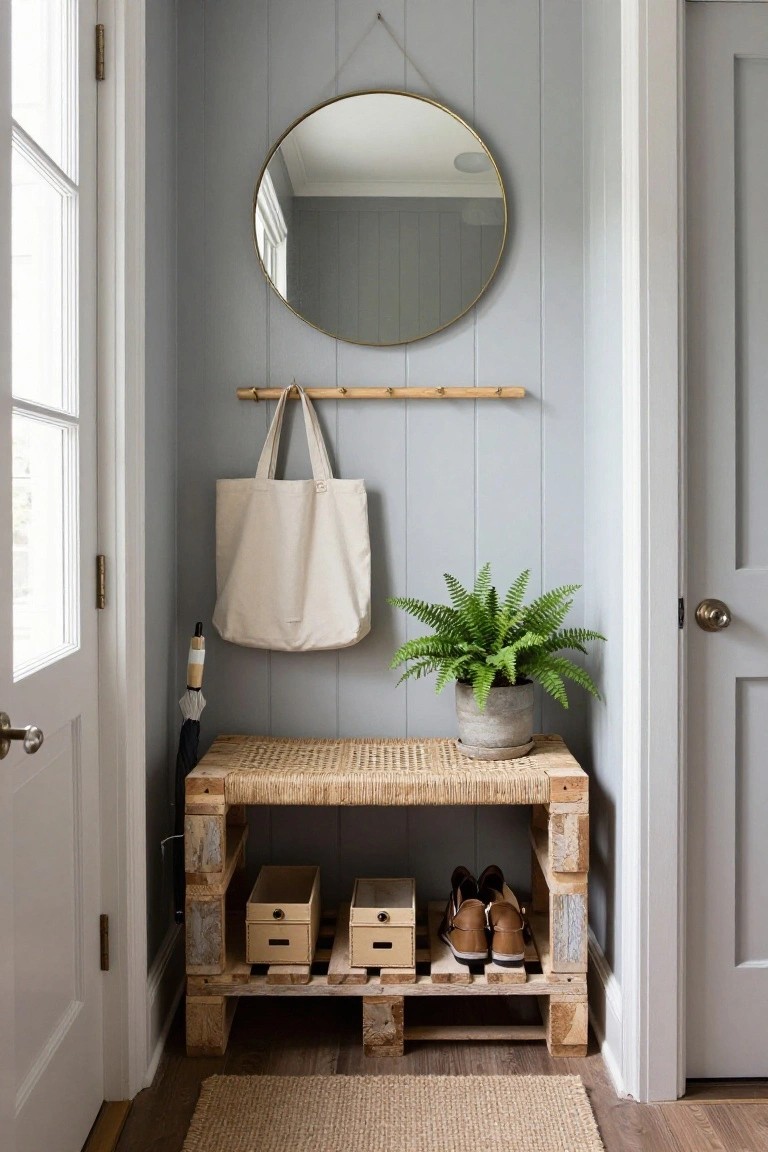 Narrow indoor entryway with light gray vertical plank walls, round gold-framed mirror, bamboo wall hooks holding a white tote bag and umbrella, wooden pallet bench topped with rattan and holding shoe boxes and brown leather shoes, potted fern plant nearby, seagrass rug on wood floor.