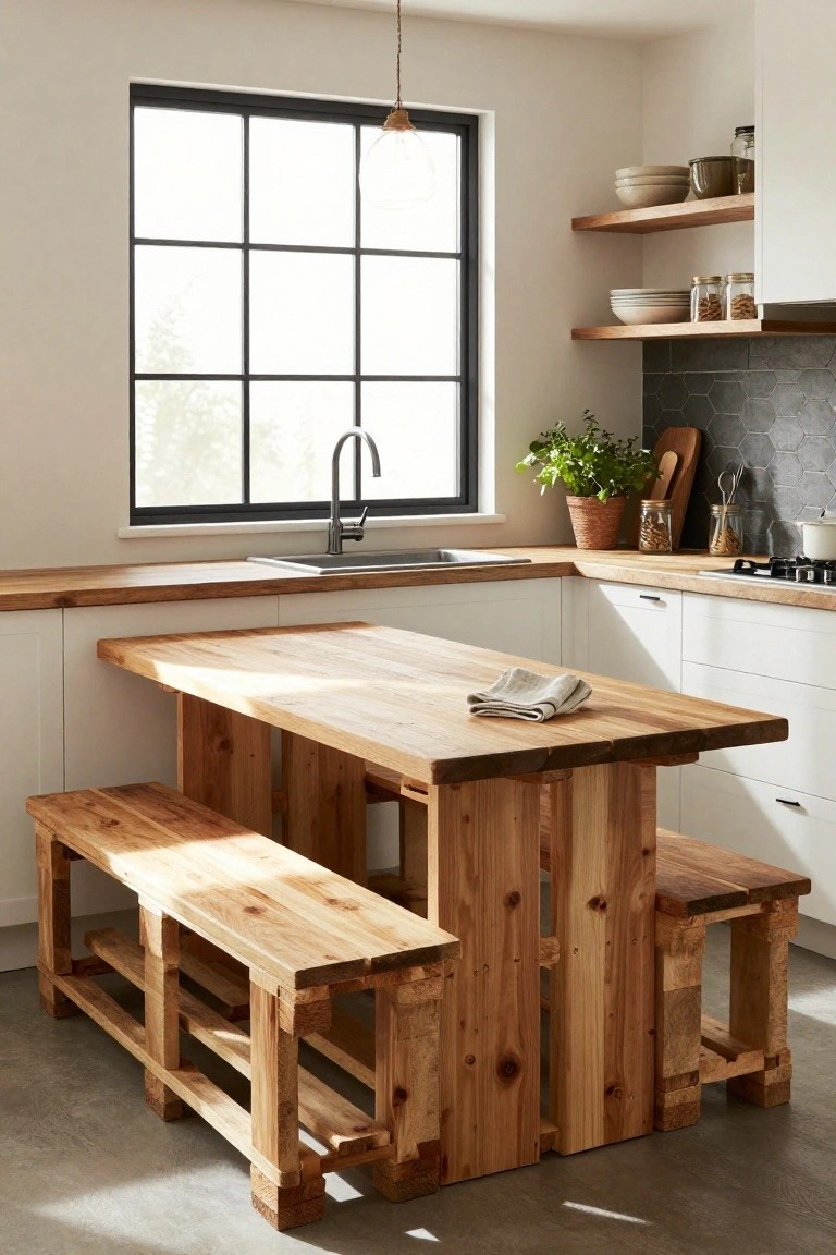 A kitchen interior with white cabinets, a wooden sink counter, and a central rectangular table with matching benches constructed from rough pallet wood planks.