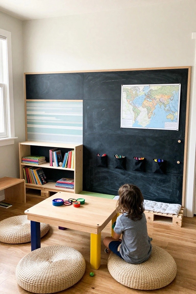 A cozy indoor kids' playroom with a light wood pallet bookshelf holding colorful children's books, a low wooden table with toys and stacking rings, a black chalkboard wall featuring a world map and fabric crayon holders, green play mat on pallet base, and round woven floor cushions.