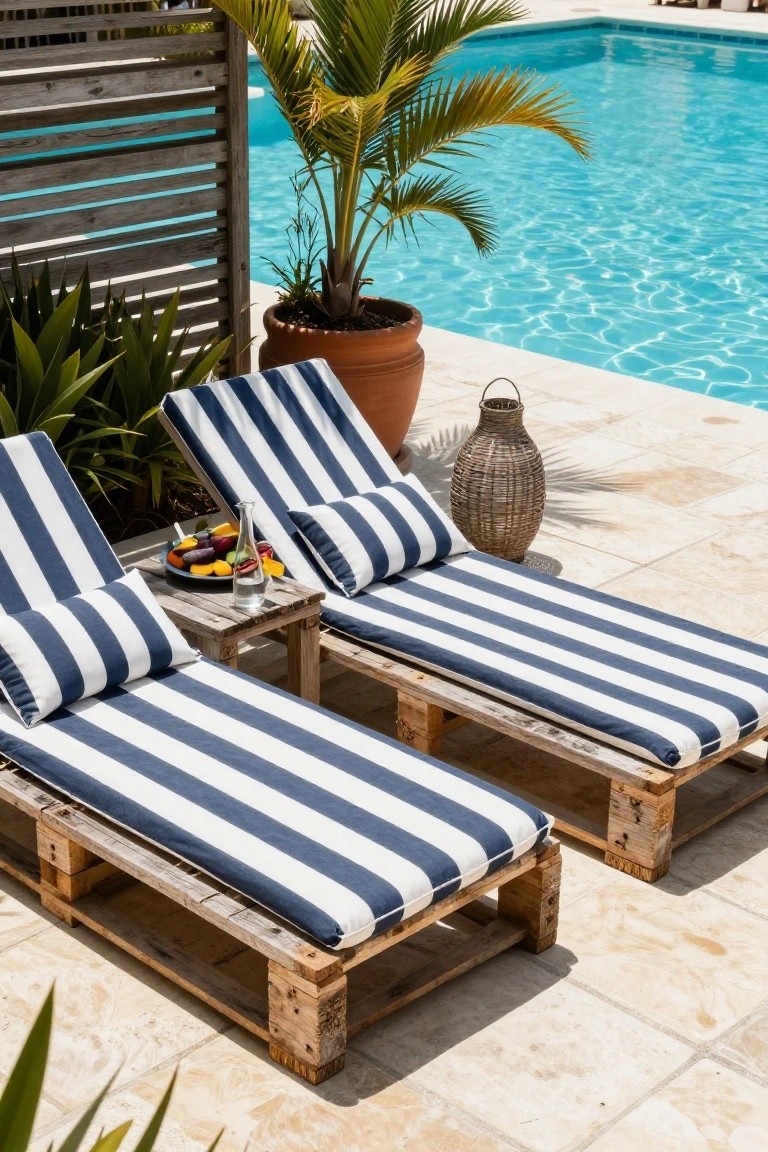 Two wooden pallet loungers with blue-and-white striped cushions and pillows positioned next to a swimming pool, with potted plants, a small side table holding fruit and water, and a palm tree nearby.