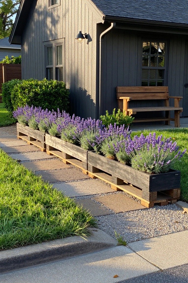 Row of wooden pallet planters filled with purple lavender flowers lines a gravel and stone walkway beside a gray wooden shed, wooden bench, green shrubs, and lawn.