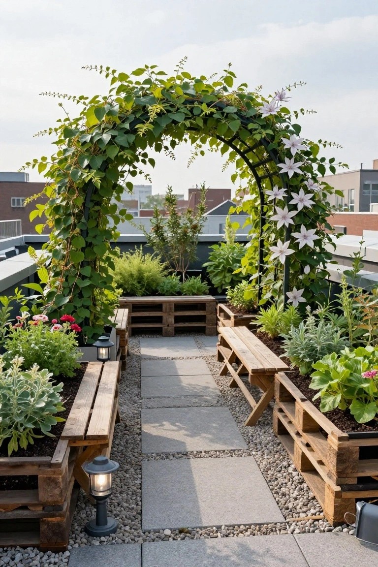 Rooftop terrace with wooden pallet raised planters along a stone paver pathway, wooden benches, metal archway covered in green vines and white flowers, various potted plants, and gray lanterns.
