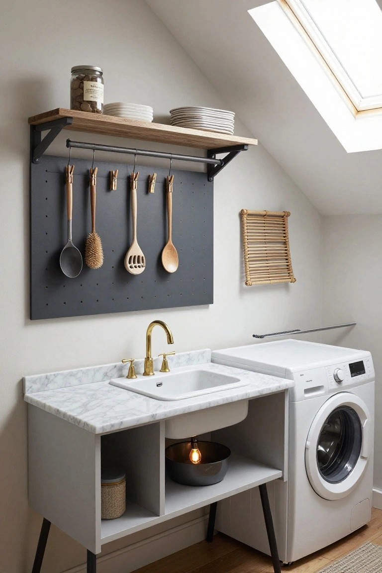 Cozy interior laundry room with gray pegboard wall holding hanging wooden utensils and clothespins, wooden shelf above with plates and cookie jar, marble-top sink on gray cabinet next to white washer under sloped ceiling and skylight.