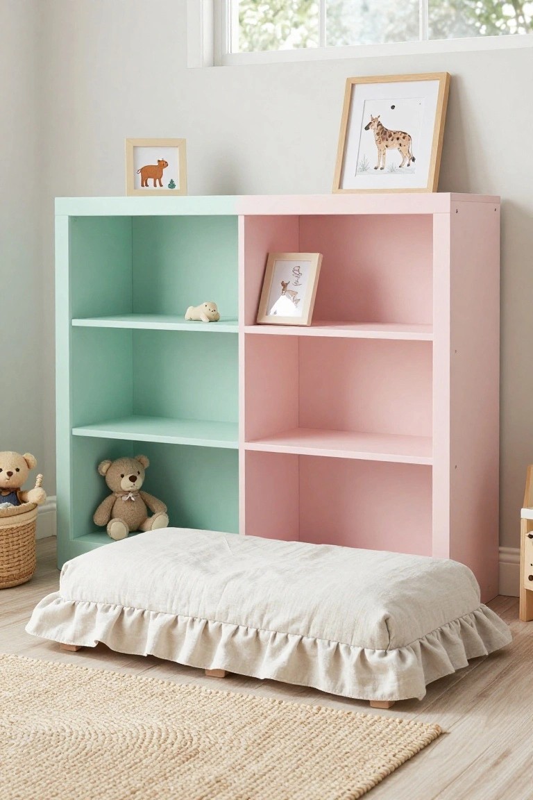 A turquoise and pink open bookshelf with shelves holding stuffed bears, small animal figurines, and framed artwork in a light-colored children's room, with a white ruffled floor cushion placed in front on a beige rug.