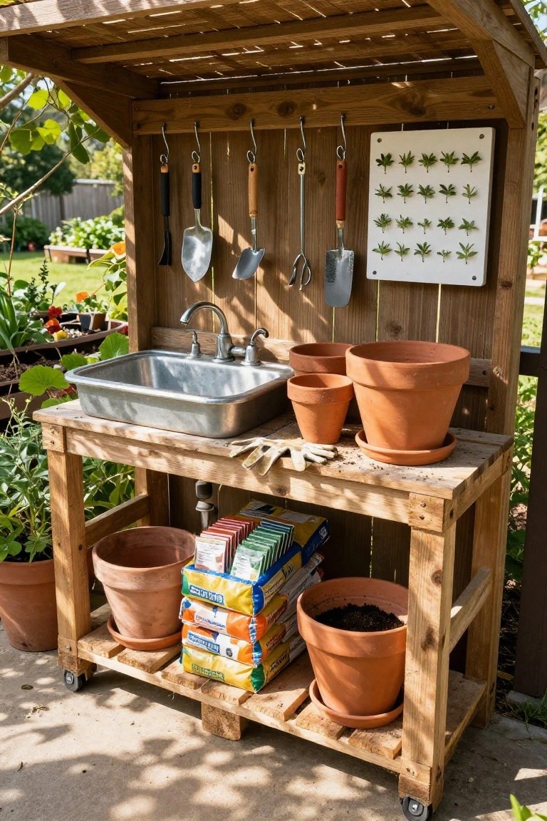 Wooden pallet-based potting bench outdoors with sink, hanging garden tools, clay pots, soil bags, and plants nearby under a pergola roof.