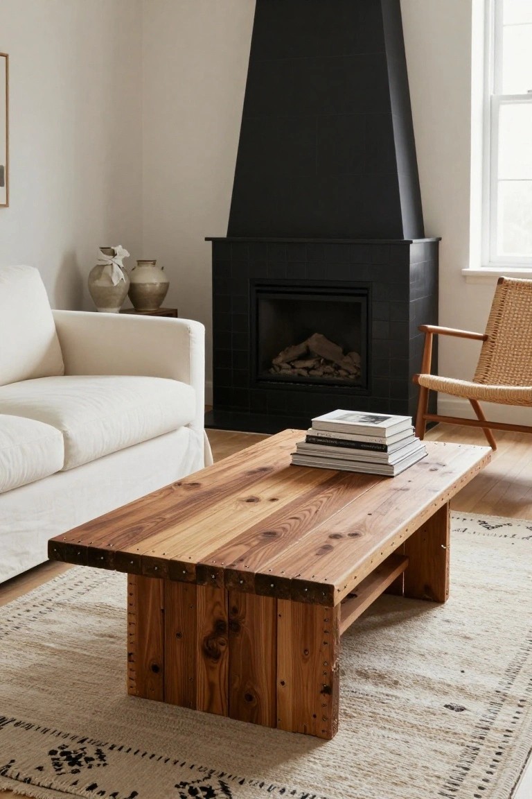 Living room corner with white sofa, rustic wooden coffee table topped with stacked books, wicker armchair, black-tiled fireplace with fire, neutral rug, and potted ceramics on side table.