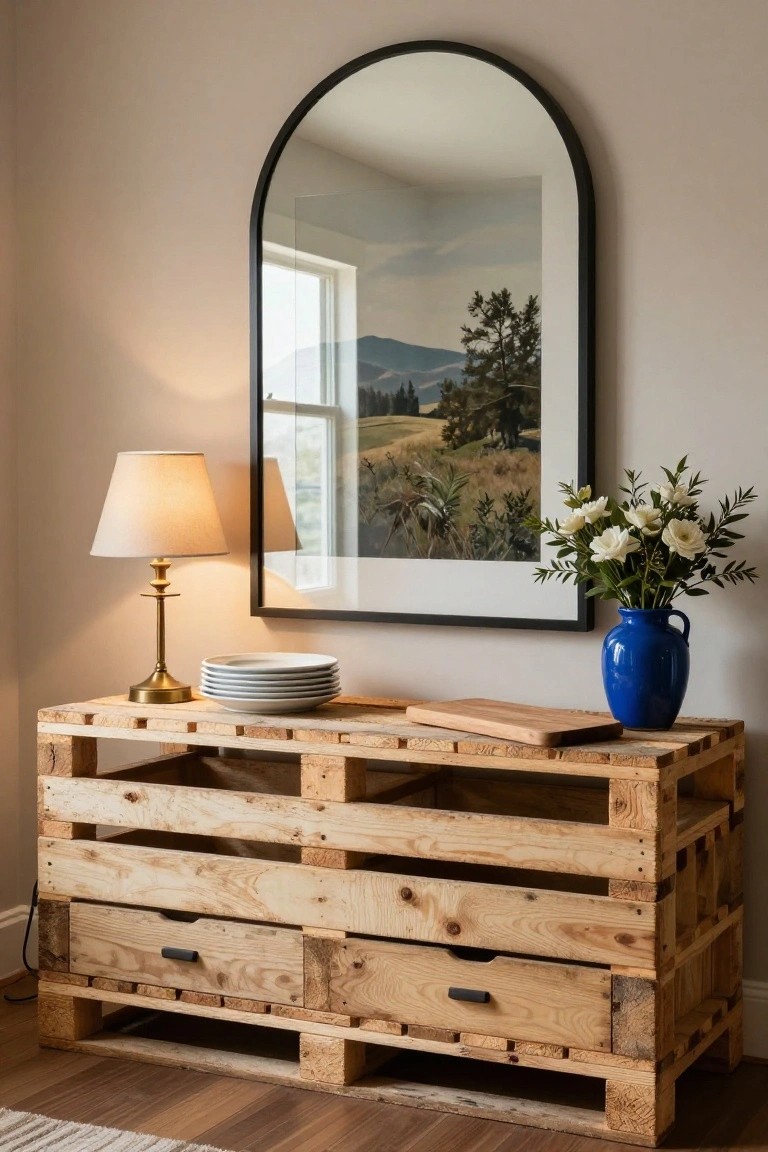 A console table made from light wooden pallets with two drawers sits in a beige room, topped with stacked white plates, a wooden board, brass lamp, and blue vase with white flowers, beside a tall black-framed arched mirror showing a landscape painting.
