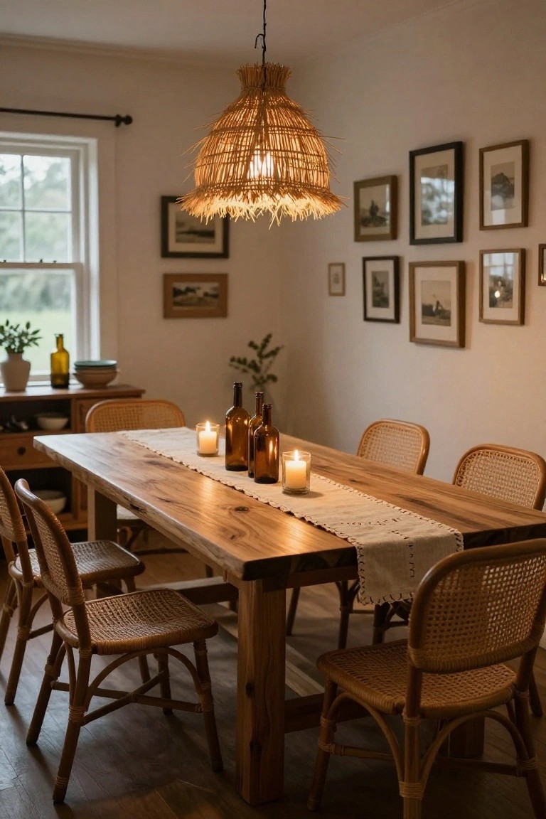 Dining room with a long wooden table centered under a woven pendant light, surrounded by rattan chairs, amber glass bottles and candles on a white runner, plants, bowls on a sideboard, and multiple framed landscape photos on white walls.