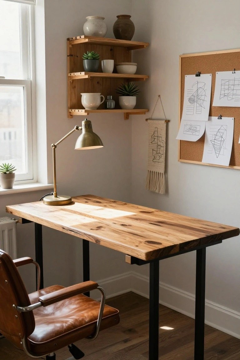 Home office corner with wooden desk on black metal legs, brown leather chair, brass adjustable lamp, three-tier wooden wall shelves holding plants pottery and dishes, corkboard with sketches, macrame wall hanging, and window with plant.