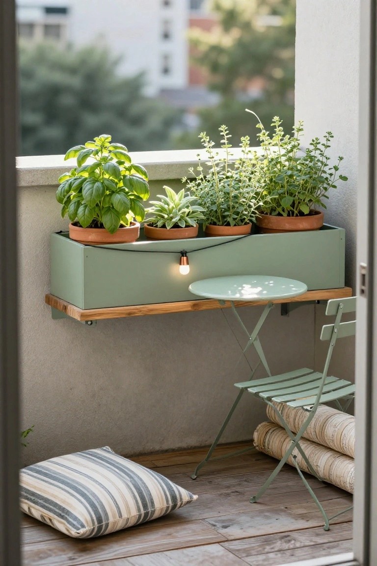 Balcony corner with wooden pallet shelf supporting a green rectangular planter box containing potted basil, succulents, thyme, and other herbs, beside a small round green metal table, folding green metal chair, stacked cushions, and wooden plank flooring.