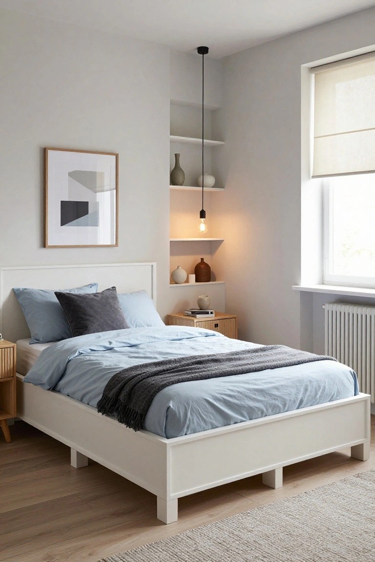 Bedroom with white platform bed on visible legs, blue duvet and pillows, gray throw blanket, rattan nightstands, built-in shelves holding vases and books, pendant light, and window with roller blind.