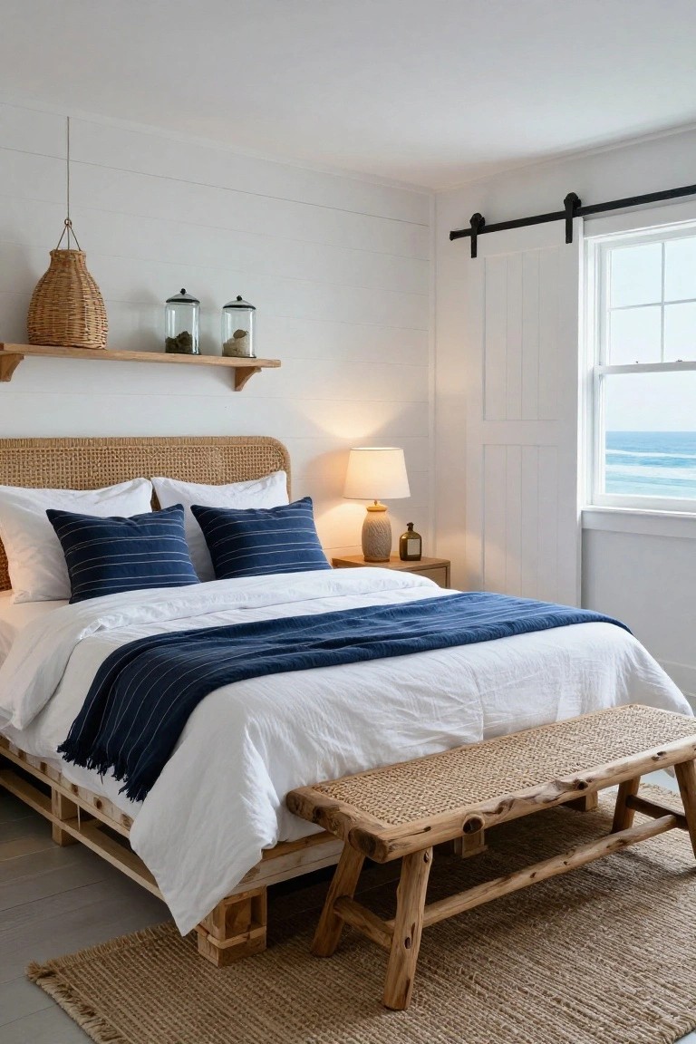 Bedroom with a low pallet platform bed frame, rattan headboard, white duvet and navy pillows and throw, seagrass bench at the foot, side table with lamp, and window showing ocean view.