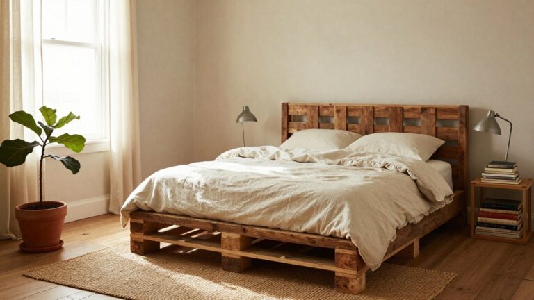 20 Unique Pallet Platform Bed Designs That Stand Out A cozy bedroom with a wooden pallet platform bed covered in white linens, two metal lamps on bedside tables, a potted fiddle leaf fig plant by the window with sheer curtains, light walls, and hardwood floors.