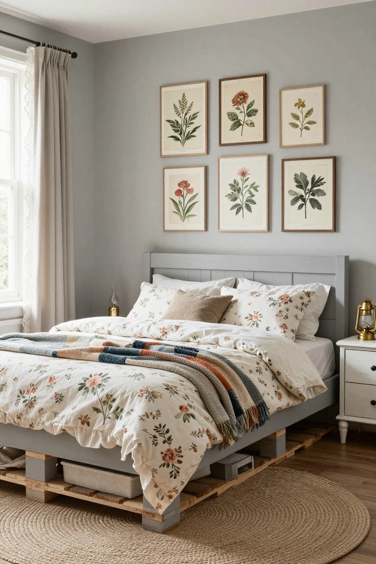 A cozy bedroom with a gray-painted pallet platform bed draped in white floral bedding and colorful throws, flanked by botanical prints on light gray walls, beige curtains on a window, and wooden nightstands.