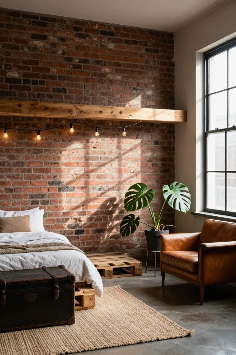 Bedroom with low bed on stacked wooden pallets against exposed brick wall, monstera plant in black pot next to tan leather armchair, wooden beam with string lights overhead, and seagrass rug on concrete floor.