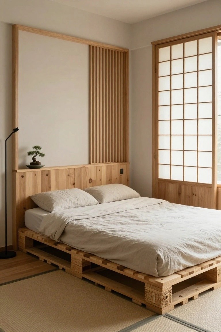 Bedroom with wooden pallet platform bed, pine headboard with bonsai shelf, slat wood panels, shoji screen window, and tatami-style floor mat.