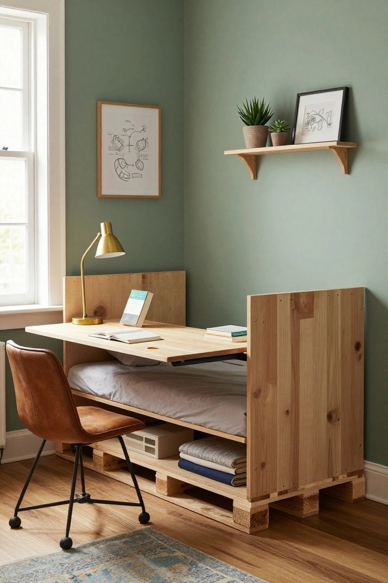 A corner room with a wooden pallet platform bed integrated with a fold-down desk, brown leather chair, gold lamp, plants on shelves, and mint green walls.