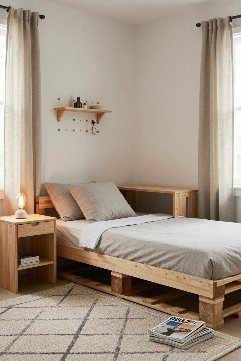 Corner bedroom with wooden pallet platform bed frame under light gray bedding, adjacent wooden shelf and nightstand, beige linen curtains on windows, wooden wall shelf, and beige patterned rug on floor.
