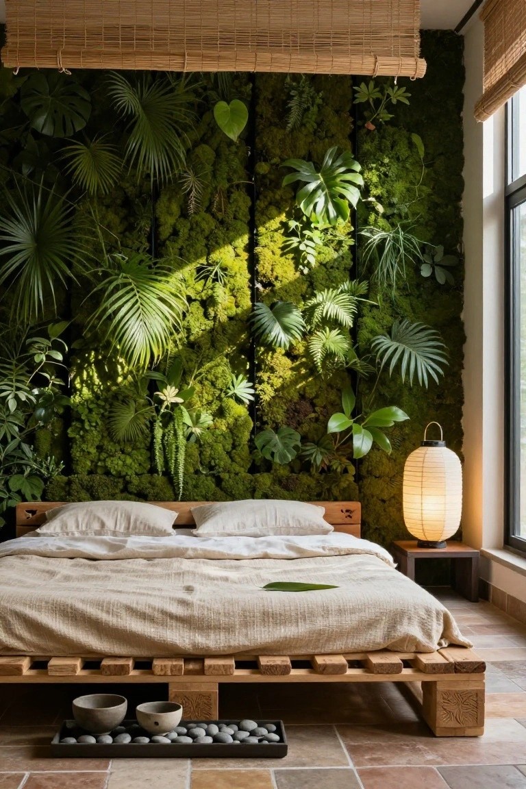 Low wooden pallet platform bed with white linen sheets and pillows in a bedroom with a vertical green moss and plant wall, bamboo blinds, paper lantern lamp on a side table, and ceramic bowls with pebbles on terracotta tile floor.