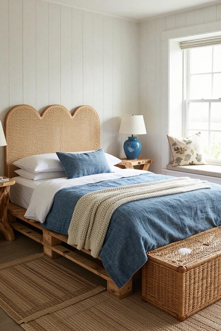 Bedroom with low wooden pallet platform bed, scalloped rattan headboard, blue denim duvet and white throw, wood side tables, blue vase lamp, window seat, wicker trunk, and seagrass rug against white shiplap walls.