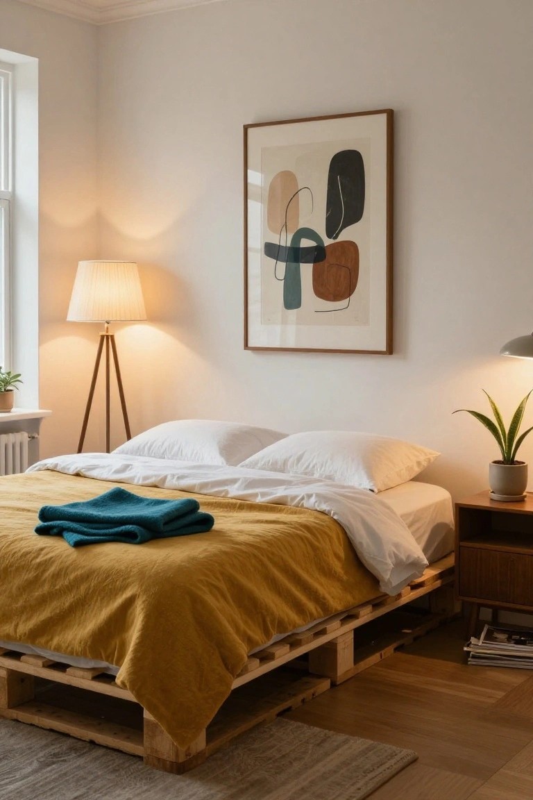 Bedroom corner with platform bed on wooden pallet base covered by yellow duvet, teal throw blankets, and white pillows, beside tripod floor lamp, potted snake plant, and wooden nightstand.