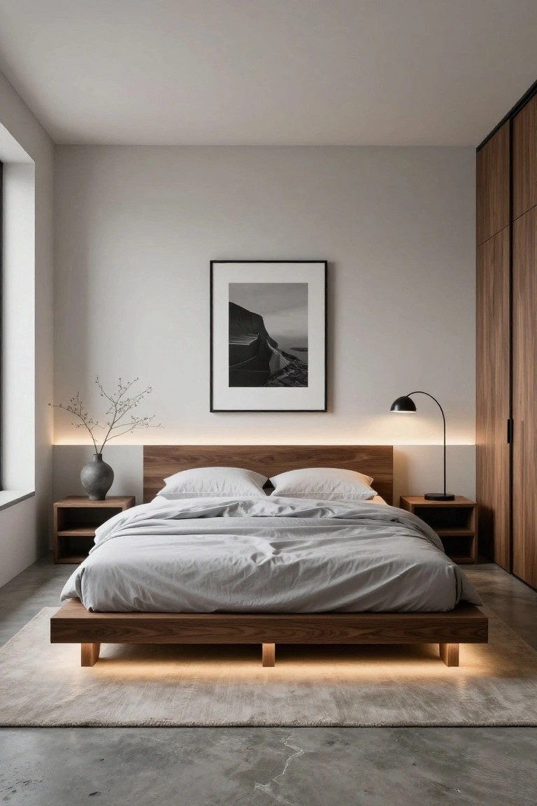 Modern bedroom with low wooden platform bed featuring LED underlighting, white linens, matching nightstands, gray textured vase, black and white framed photo, arched desk lamp, and wardrobe cabinets against light gray walls and polished concrete floor.