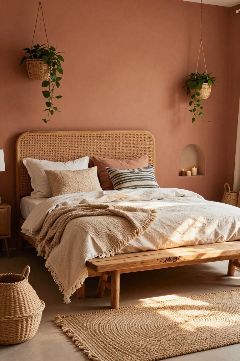 Bedroom with terracotta walls, low platform bed featuring curved rattan headboard, white bedding with textured pillows and throw, wooden bench at foot of bed, hanging plants, woven baskets, niche with candles, and jute rug on floor.