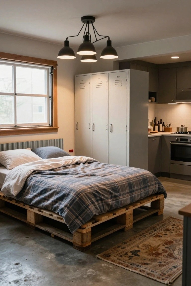 Interior of a small studio apartment with a platform bed built from stacked wooden pallets topped by plaid bedding and white sheets, beside gray metal lockers, with a compact kitchenette and pendant lights over a concrete floor.