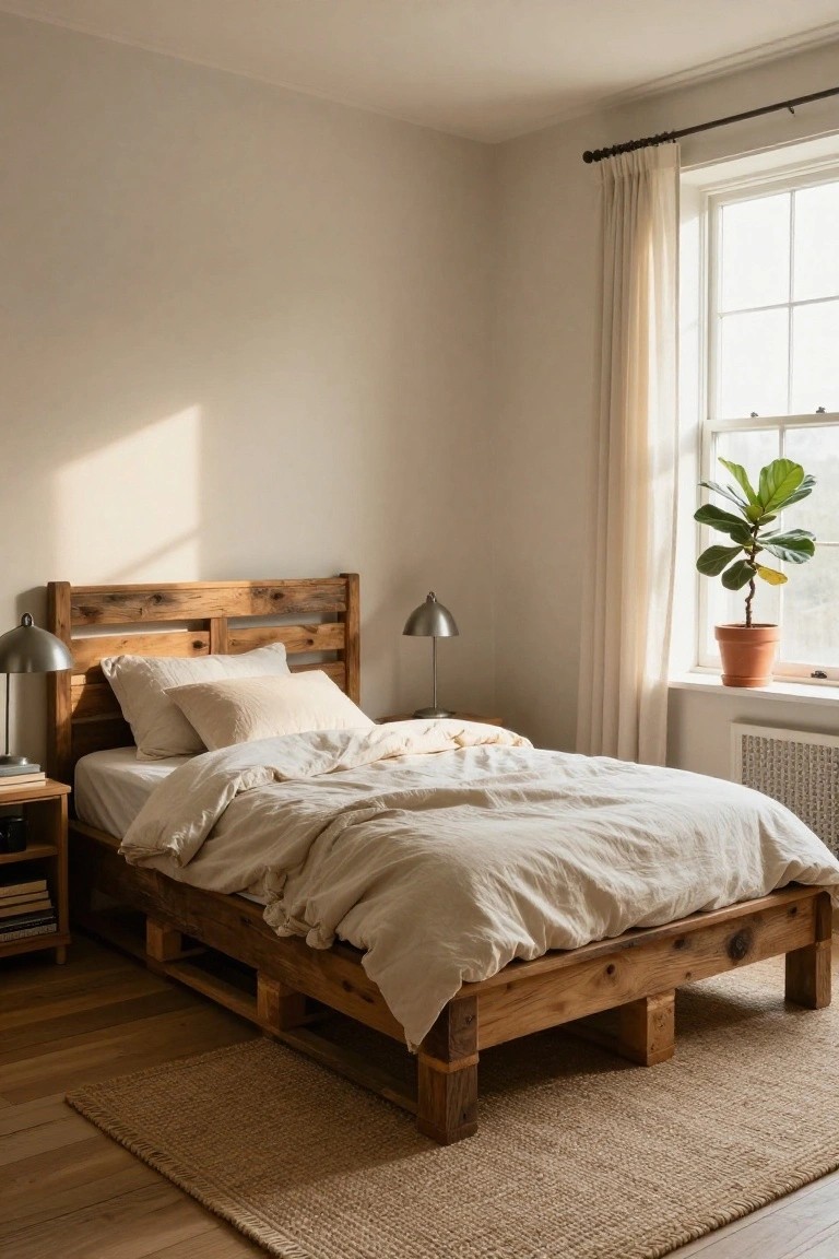 A cozy bedroom with a wooden pallet platform bed covered in white linens, two metal lamps on bedside tables, a potted fiddle leaf fig plant by the window with sheer curtains, light walls, and hardwood floors.