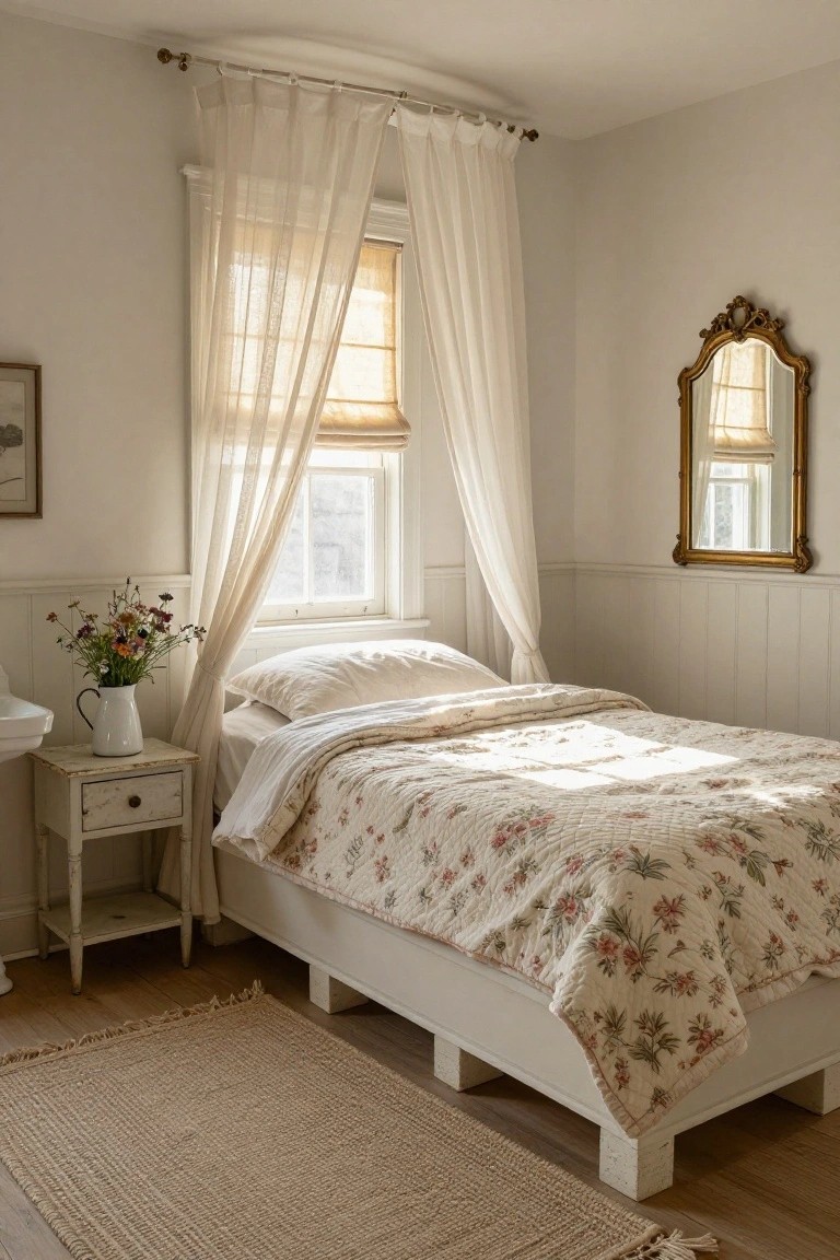 Cozy bedroom with a low white platform bed on short legs covered by a floral quilt, sheer curtains over a window with roman shade, small white side table holding a vase of wildflowers, and gold ornate mirror on paneled wall.