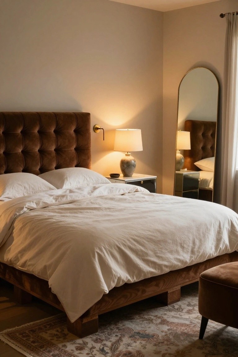 Bedroom interior with low wooden platform bed, brown tufted velvet headboard, white pillows and duvet, marble nightstand holding lamp and vase, tall arched mirror, and brown ottoman on patterned rug.