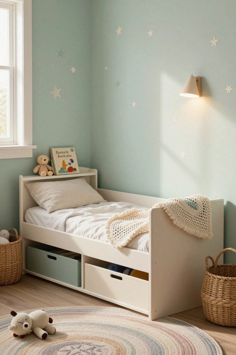 White wooden child's bed with light blue and white storage drawers underneath, a shelf on the headboard holding a book and teddy bear, in a mint green room with star wall decals, wicker baskets, and a colorful rug on the floor.