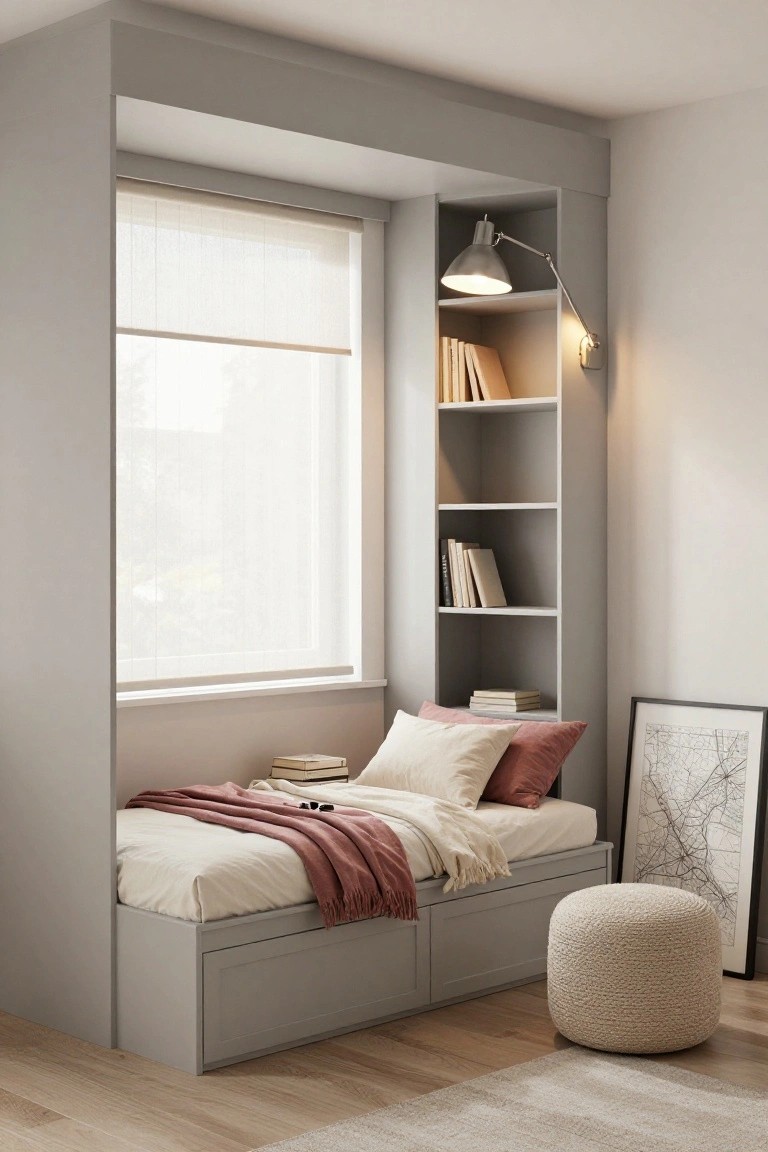 Gray built-in cabinetry forming a bed alcove with underbed drawers, open shelves holding books, a window with sheer roller blind, pink bedding, and a round white pouf stool on light wood flooring.