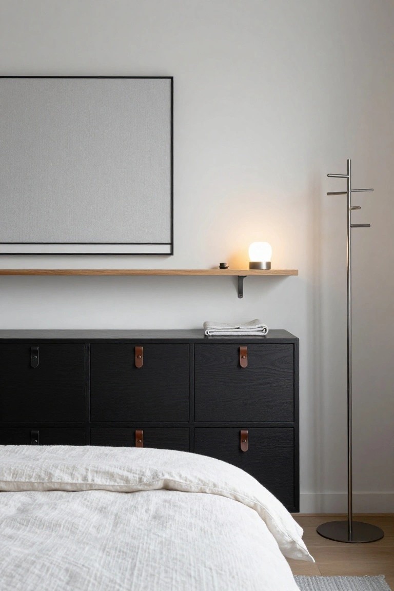 Bedroom corner showing a low black wood dresser with leather drawer pulls next to a white bed, an oak shelf with a lamp above the dresser, and a tall metal coat rack nearby.