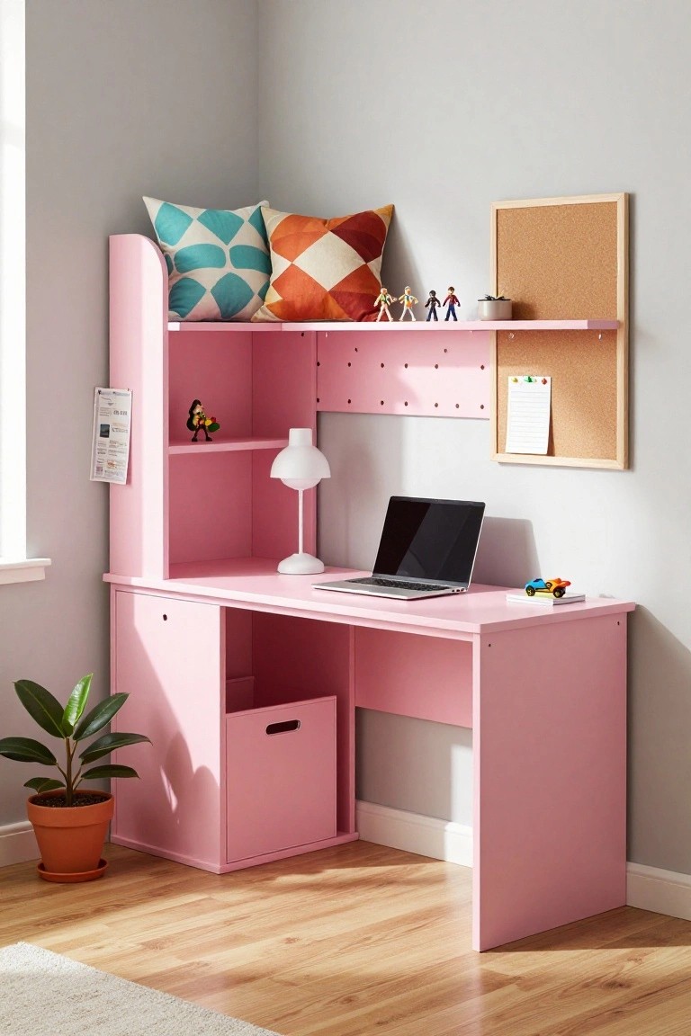 Pink corner desk unit with open shelves, pegboard, lamp, laptop, toys, pillows, and a potted plant nearby in a light gray room.