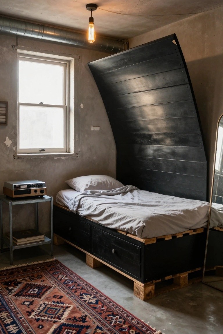 Small industrial bedroom featuring a black wooden pallet bed frame elevated on pallets with storage drawers below, a metal side table with a record player, a full-length mirror, and a patterned rug on a concrete floor.